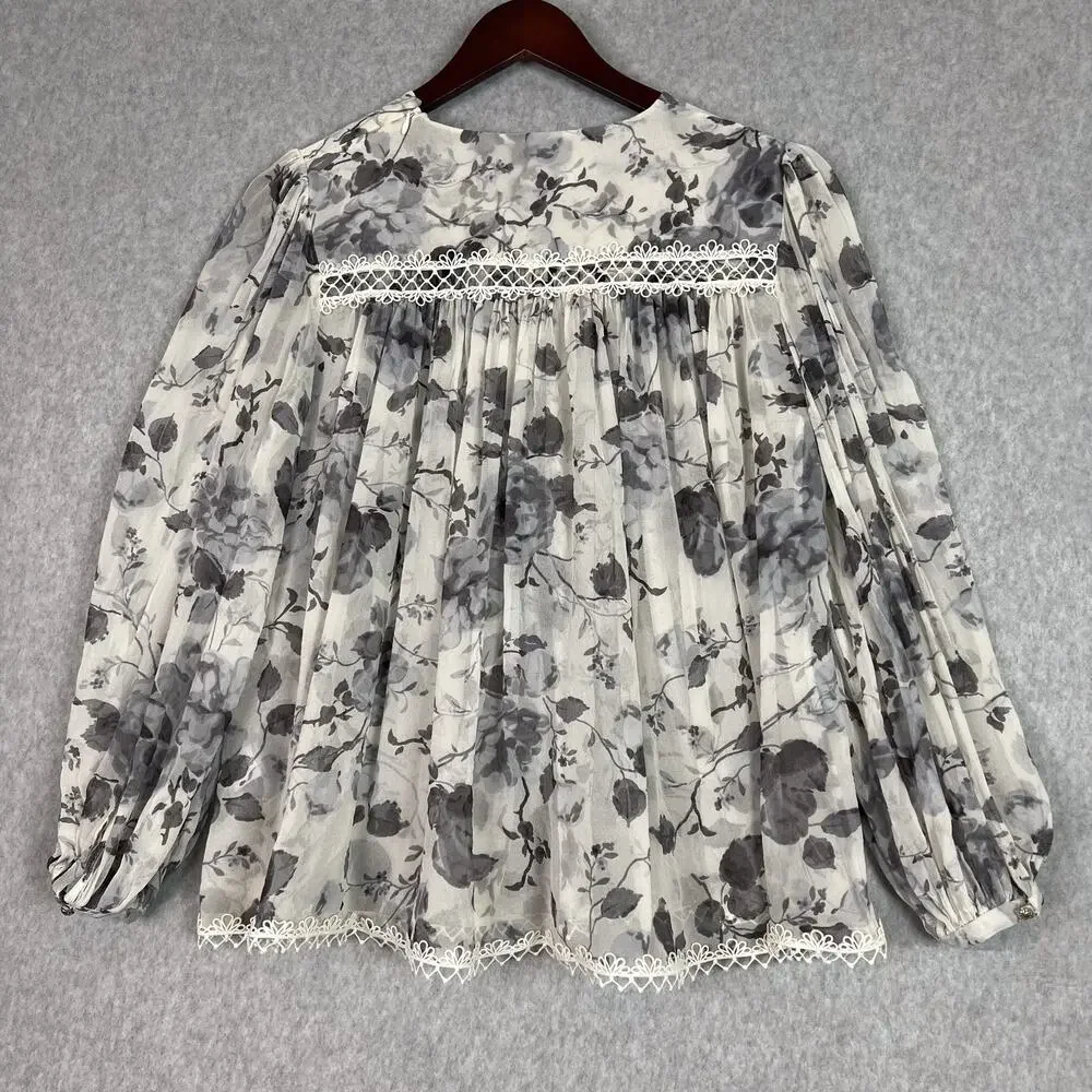 Zimmermann White Grey Floral Havoc Picot Silk Long Sleeve Blouse Size 3 - Picture 7 of 9